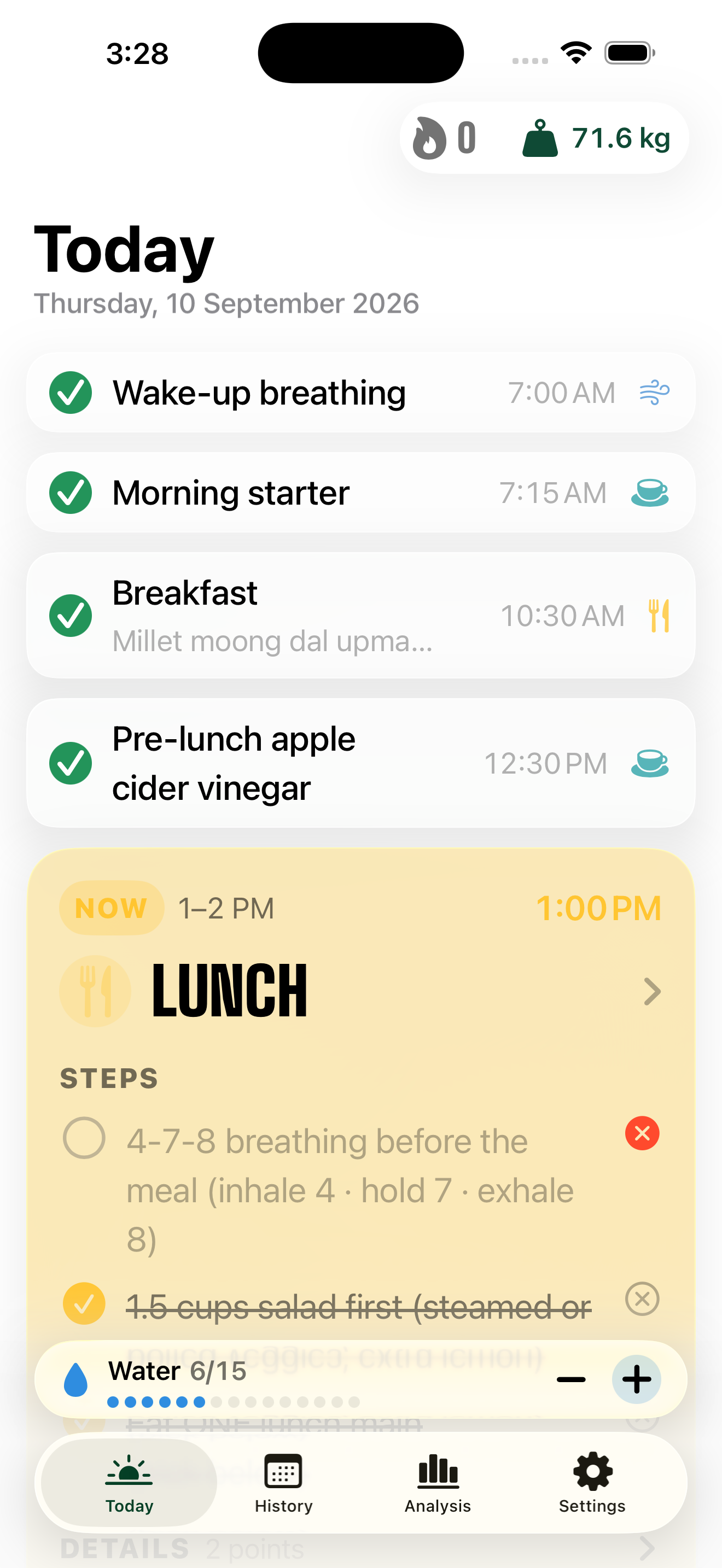 Today timeline for the example nutrition plan
