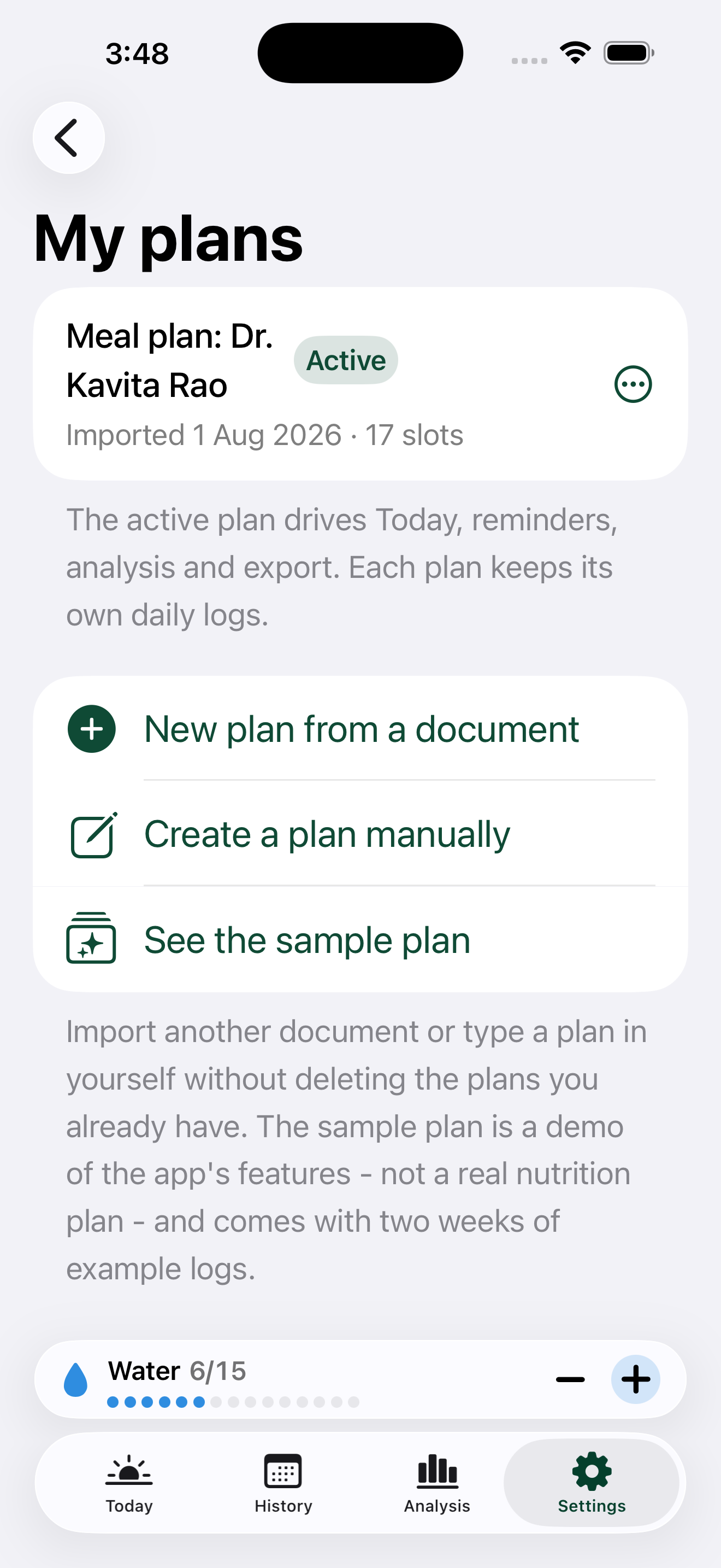 My plans with the example nutrition plan saved