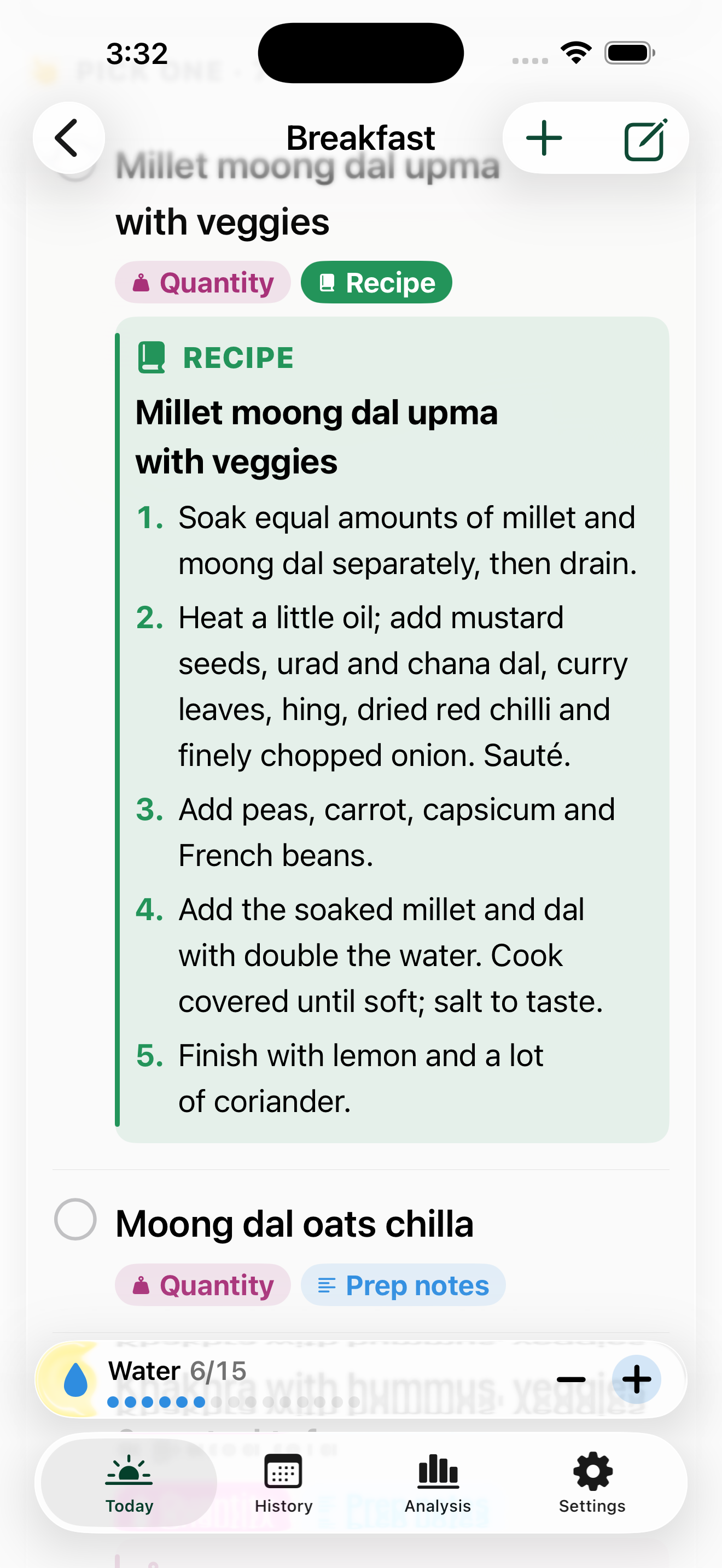 Recipe instructions expanded inside a meal