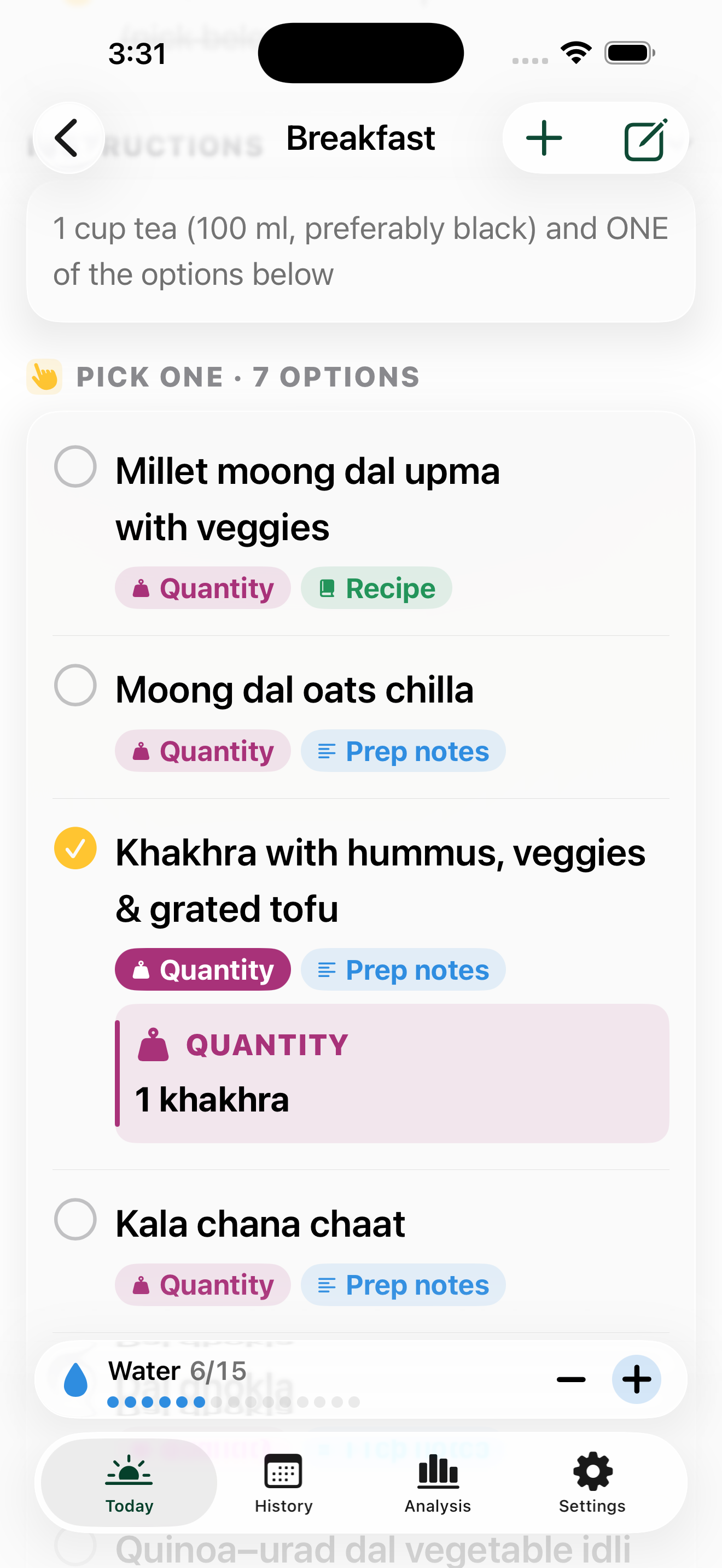 Meal detail with alternatives and portion information