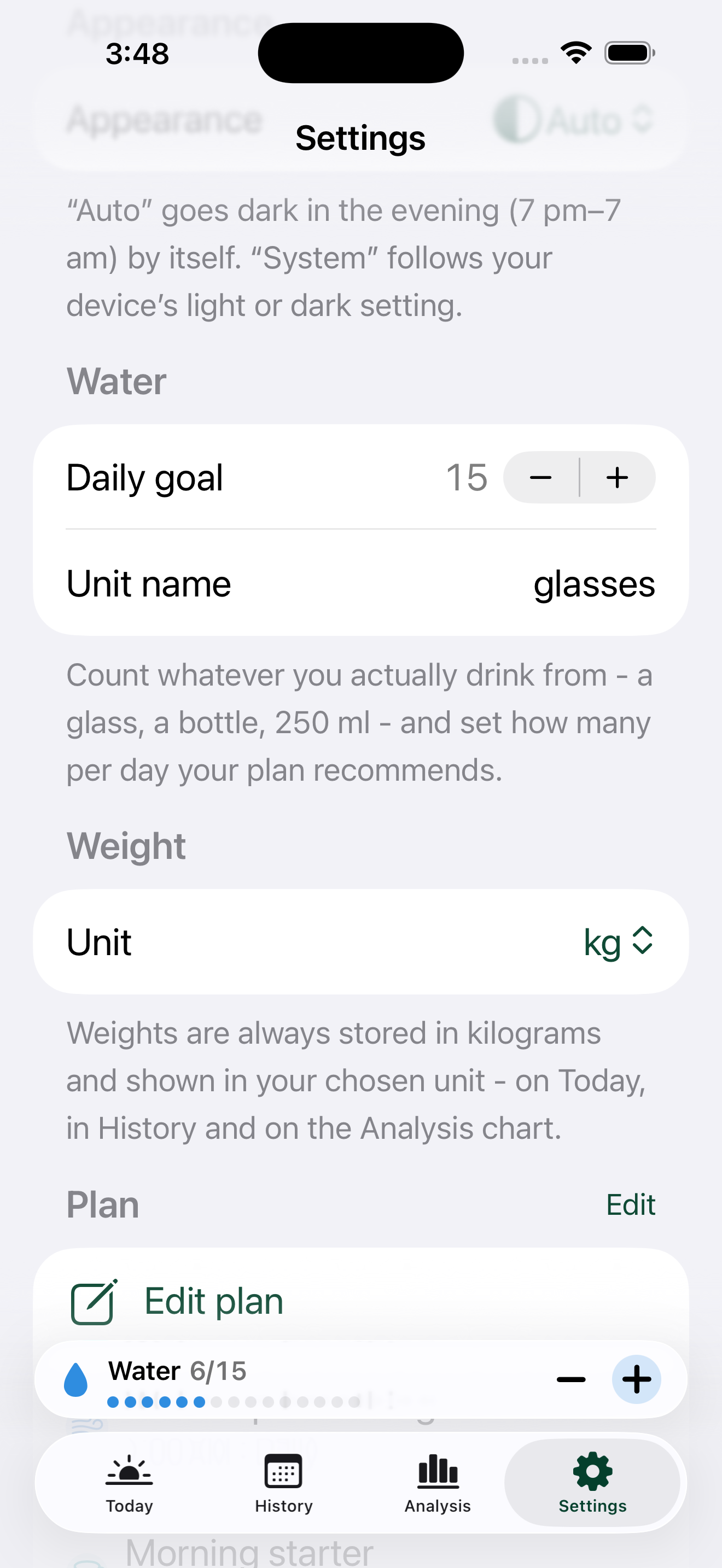Daily water goal and weight units