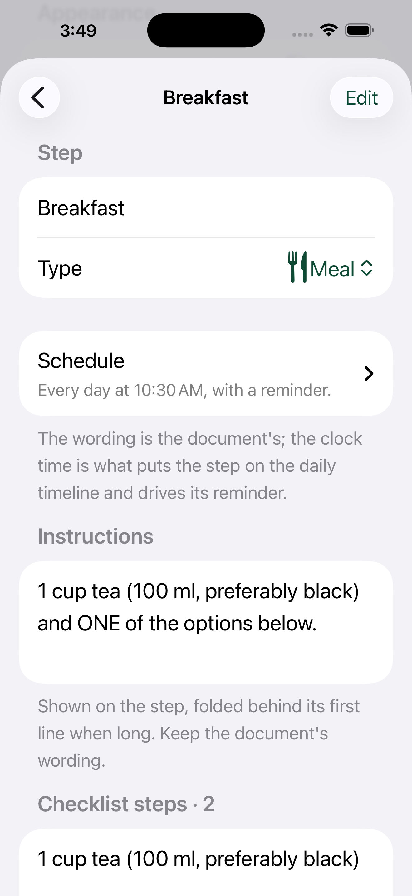 Step title, type and instructions in the editor