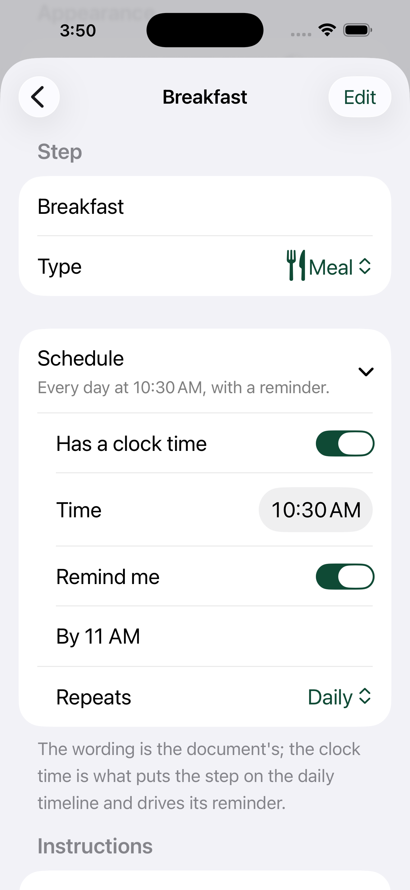 Time and recurrence settings for breakfast