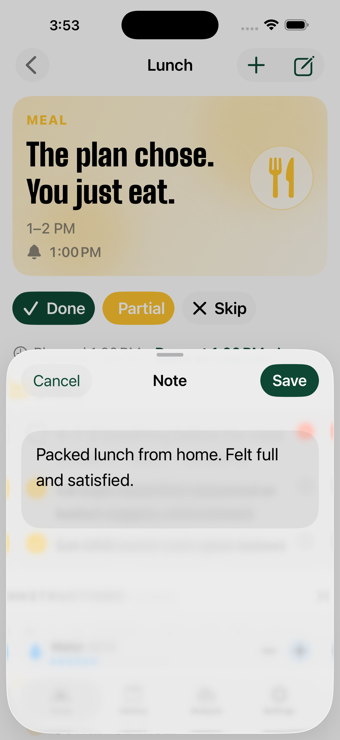 Note editor with a saved lunch note
